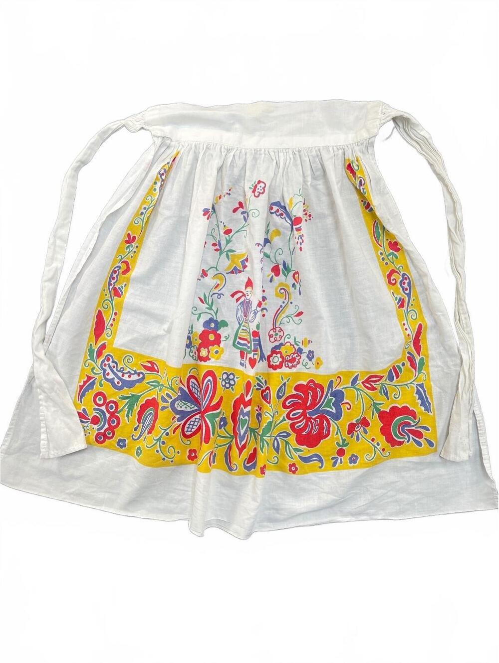 Vintage Folk Art Half Apron Swedish Hungarian Floral Peasant White